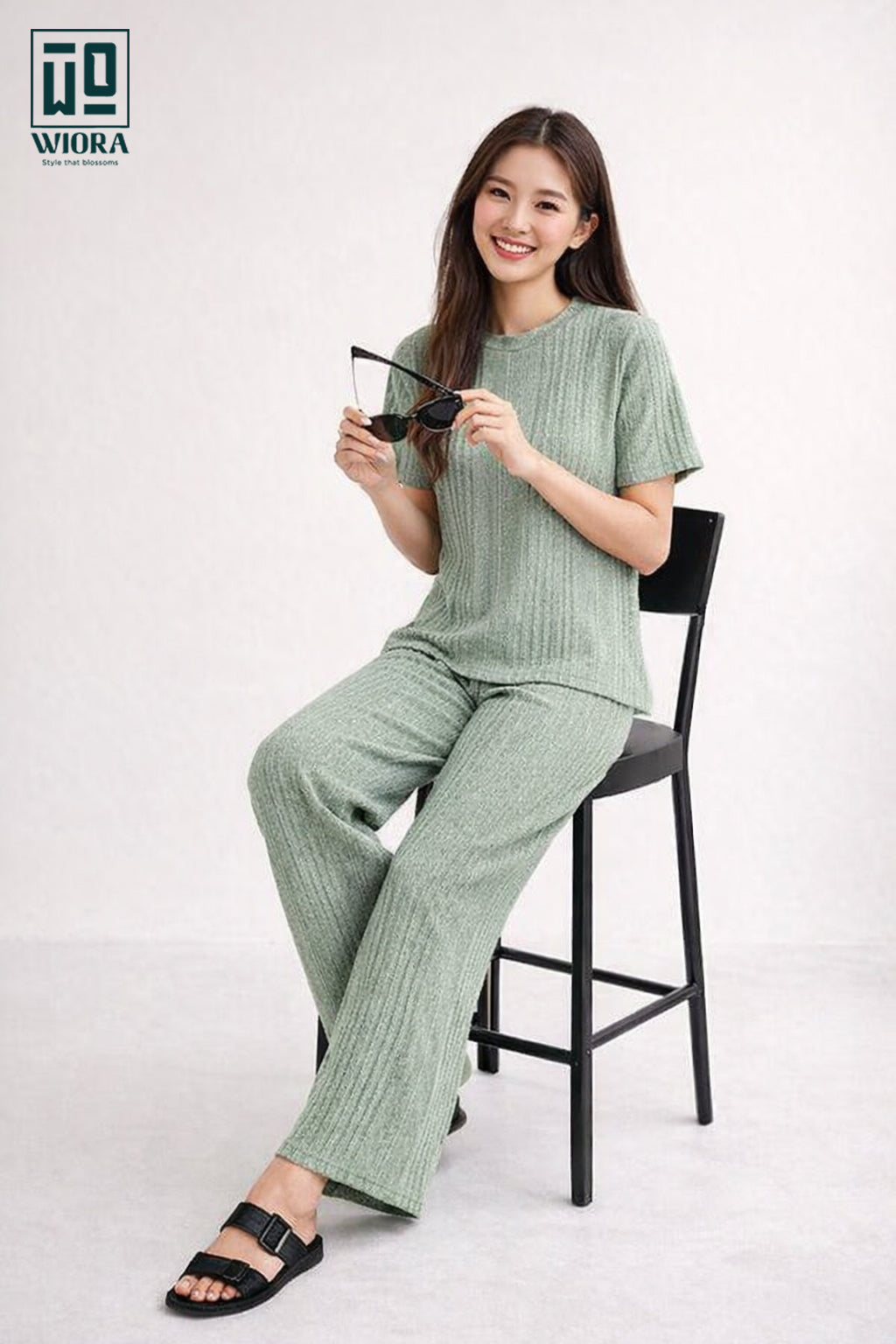 Wiora Pista Green Textured Co-Ord Set – Relaxed Fit Top & Wide-Leg Pants