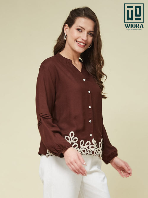 Wiora Brown Embroidered Button-Down Shirt with Floral Hem Detail