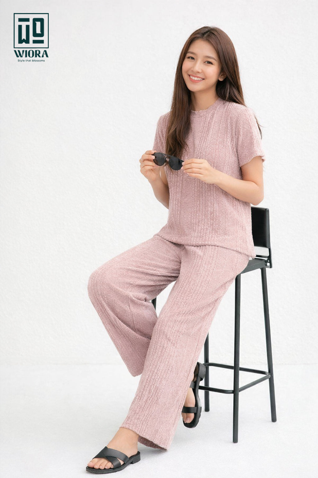 Wiora Pink Textured Co-Ord Set – Relaxed Fit Top & Wide-Leg Pants