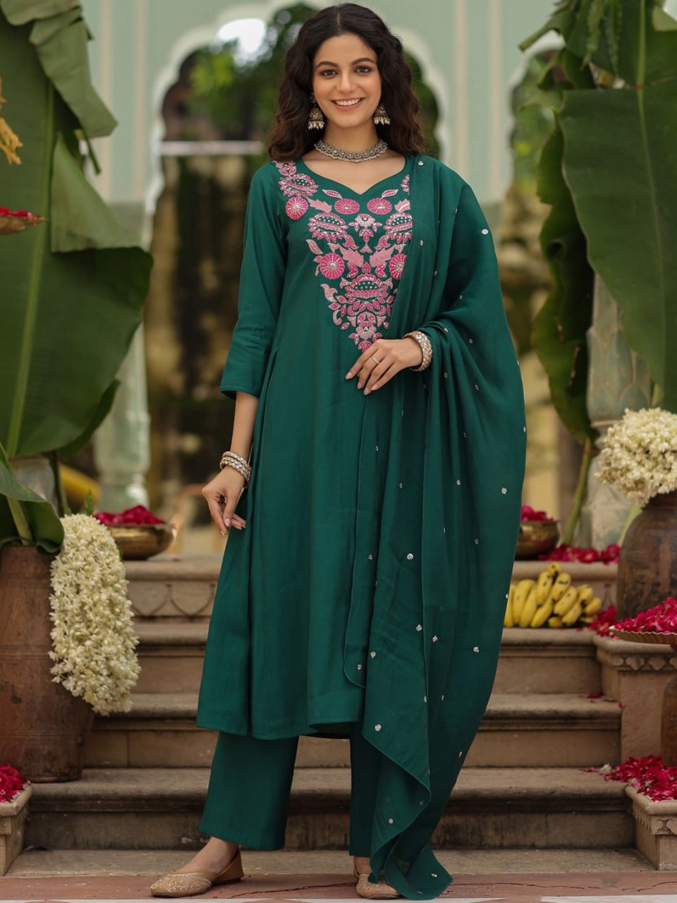 Elegant Kanjivaram-Inspired Suit Set with Hand Embroidery & Chanderi Gadhwal Dupatta