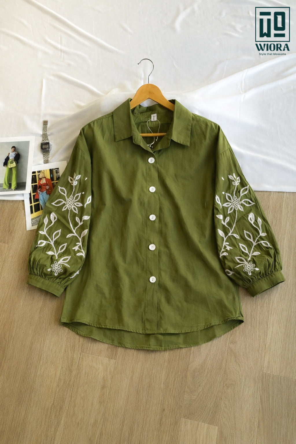 Wiora Olive Green Embroidered Button-Down Shirt with Floral Sleeve Detail