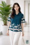 Wiora Teal Floral Embroidered Shirt – Elegant Short Sleeve Button-Down Top