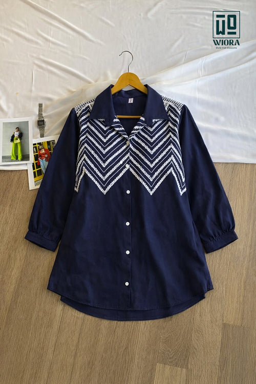 Wiora Navy Blue Chevron Embroidered Shirt