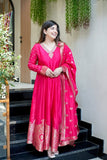 Maharani Pink Premium Banarasi Anarkali Set with Heavy Embroidery & Zari Weaving