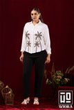 Ivory White Embroidered Shirt with Palm Tree Motif