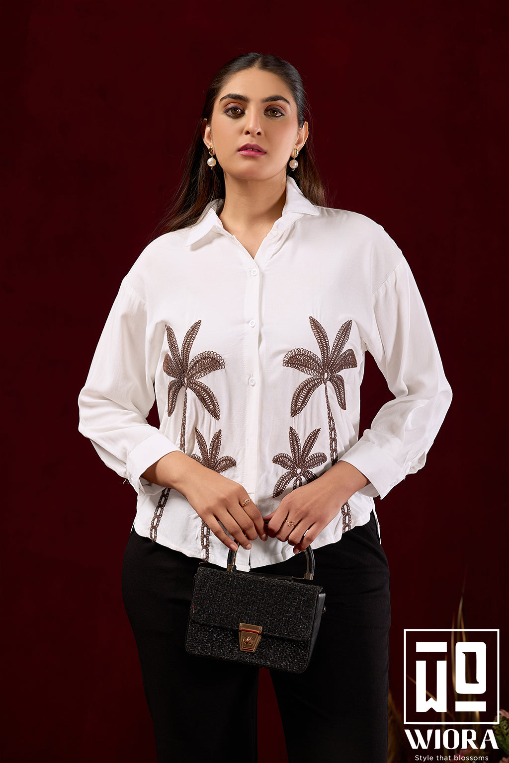 Ivory White Embroidered Shirt with Palm Tree Motif