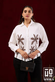 Ivory White Embroidered Shirt with Palm Tree Motif