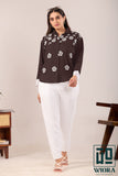 Stylish Brown Floral Printed Top with Lace Accents