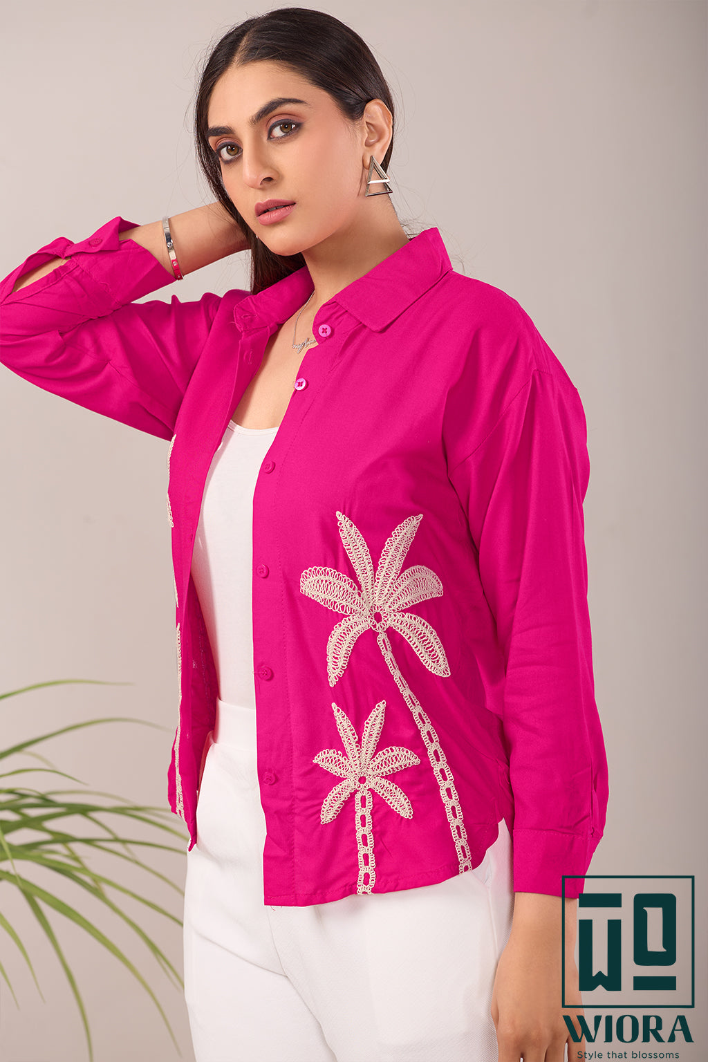 Fuchsia Pink Embroidered Shirt with Palm Tree Motif