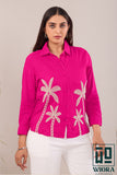 Fuchsia Pink Embroidered Shirt with Palm Tree Motif