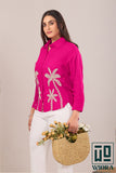 Fuchsia Pink Embroidered Shirt with Palm Tree Motif