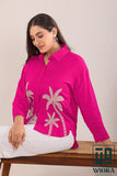 Fuchsia Pink Embroidered Shirt with Palm Tree Motif