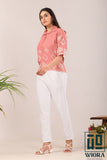 Stylish Light Pink Fulkari Printed Top with Lace Accents