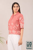 Stylish Light Pink Fulkari Printed Top with Lace Accents