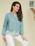 Wiora Teal Blue Embroidered Button-Down Shirt – Elegant Floral Hem Detail