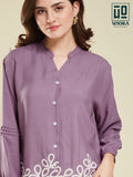 Wiora Mauve Embroidered Button-Down Shirt – Elegant Floral Hem Detail