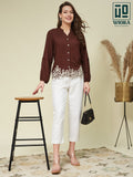 Wiora Brown Embroidered Button-Down Shirt with Floral Hem Detail