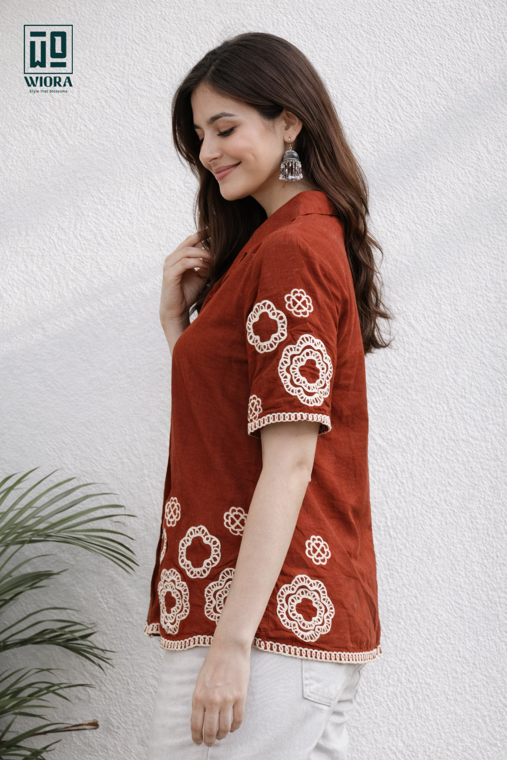 Wiora Orange Embroidered Shirt with Floral Motif