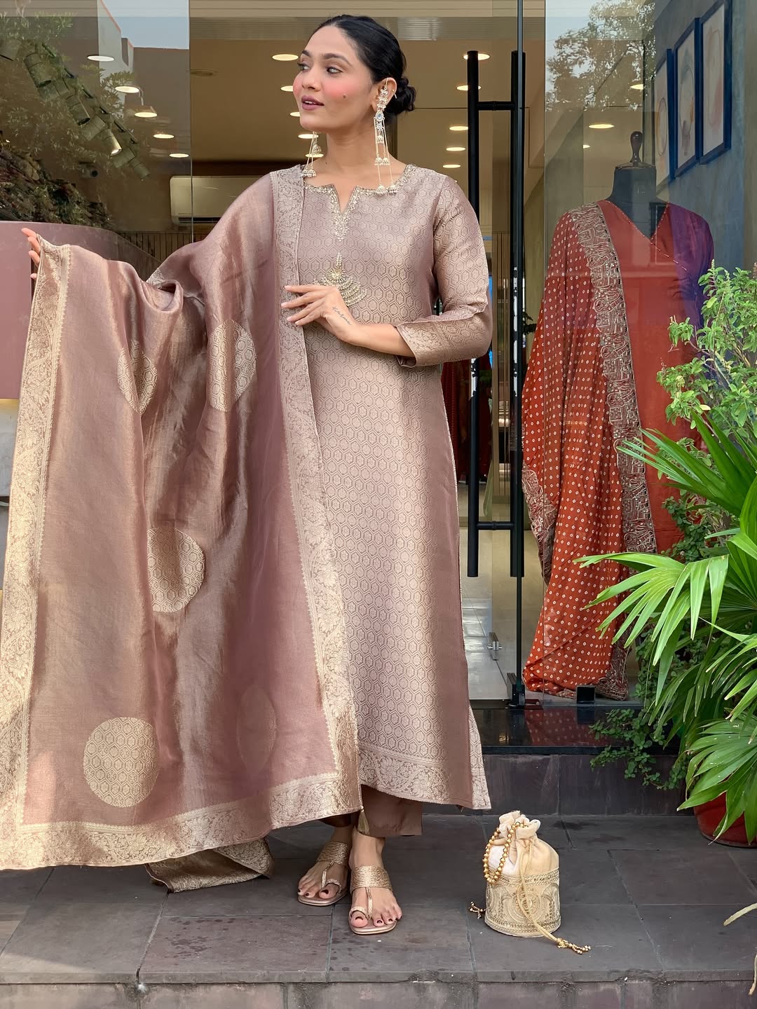 Pure Kanjivaram Glass Tissue Suit Set with Maharaja Silky Pant & Zari Jacquard Dupatta