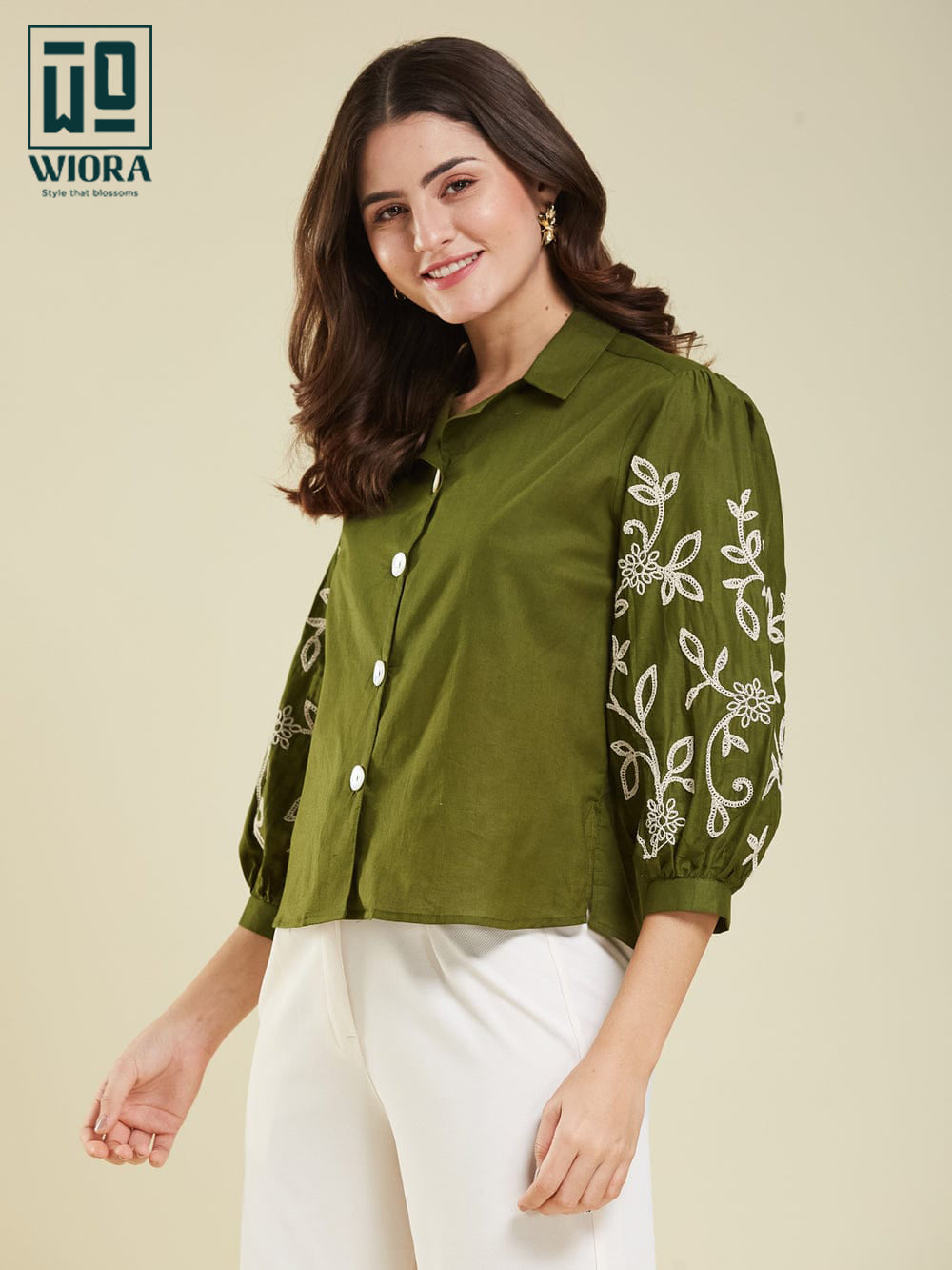 Wiora Olive Green Embroidered Button-Down Shirt with Floral Sleeve Detail