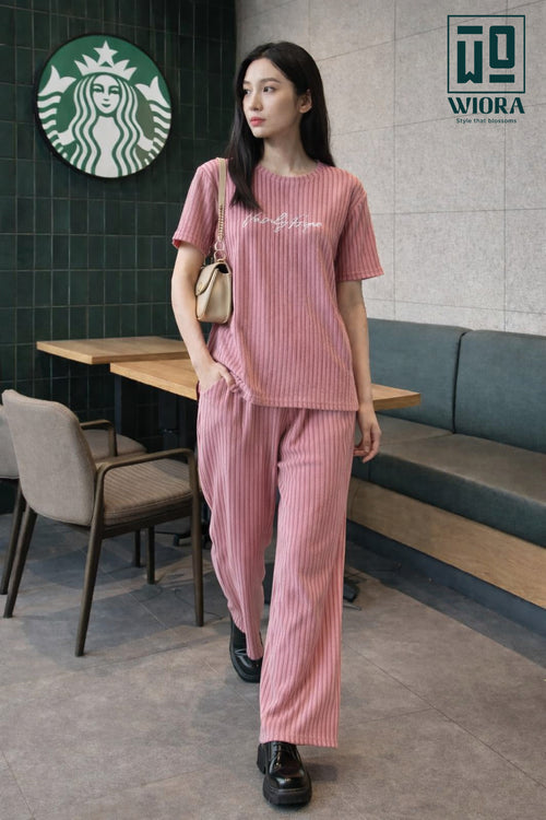 Wiora Pink Ribbed Co-Ord Set – Relaxed Fit Top & Wide-Leg Pants