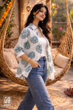 Blue Round Floral Printed Cotton Mix Shirt for Women – Casual Button-Down Overshirt