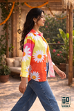 Sunflower Bloom Printed Cotton Mix Shirt for Women – Casual Summer Floral Overshirt