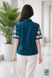 Wiora Teal Floral Embroidered Shirt – Elegant Short Sleeve Button-Down Top
