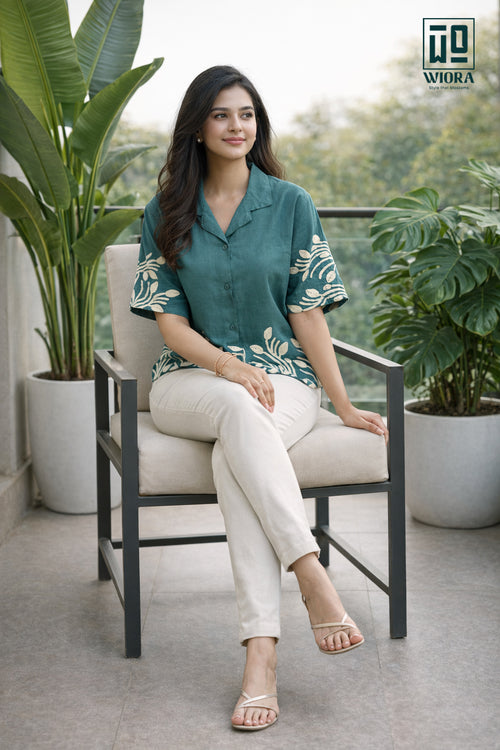 Wiora Forest Green Leaf Embroidered Shirt – Elegant Short Sleeve Button-Down Top