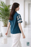 Wiora Teal Floral Embroidered Shirt – Elegant Short Sleeve Button-Down Top