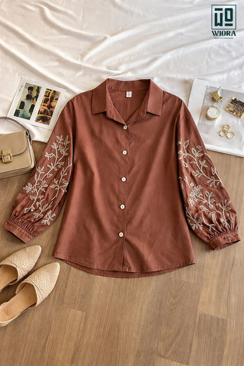 Wiora Light coffee Embroidered Button-Down Shirt with Floral Sleeve Detail