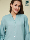 Wiora Teal Blue Embroidered Button-Down Shirt – Elegant Floral Hem Detail
