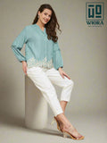 Wiora Teal Blue Embroidered Button-Down Shirt – Elegant Floral Hem Detail