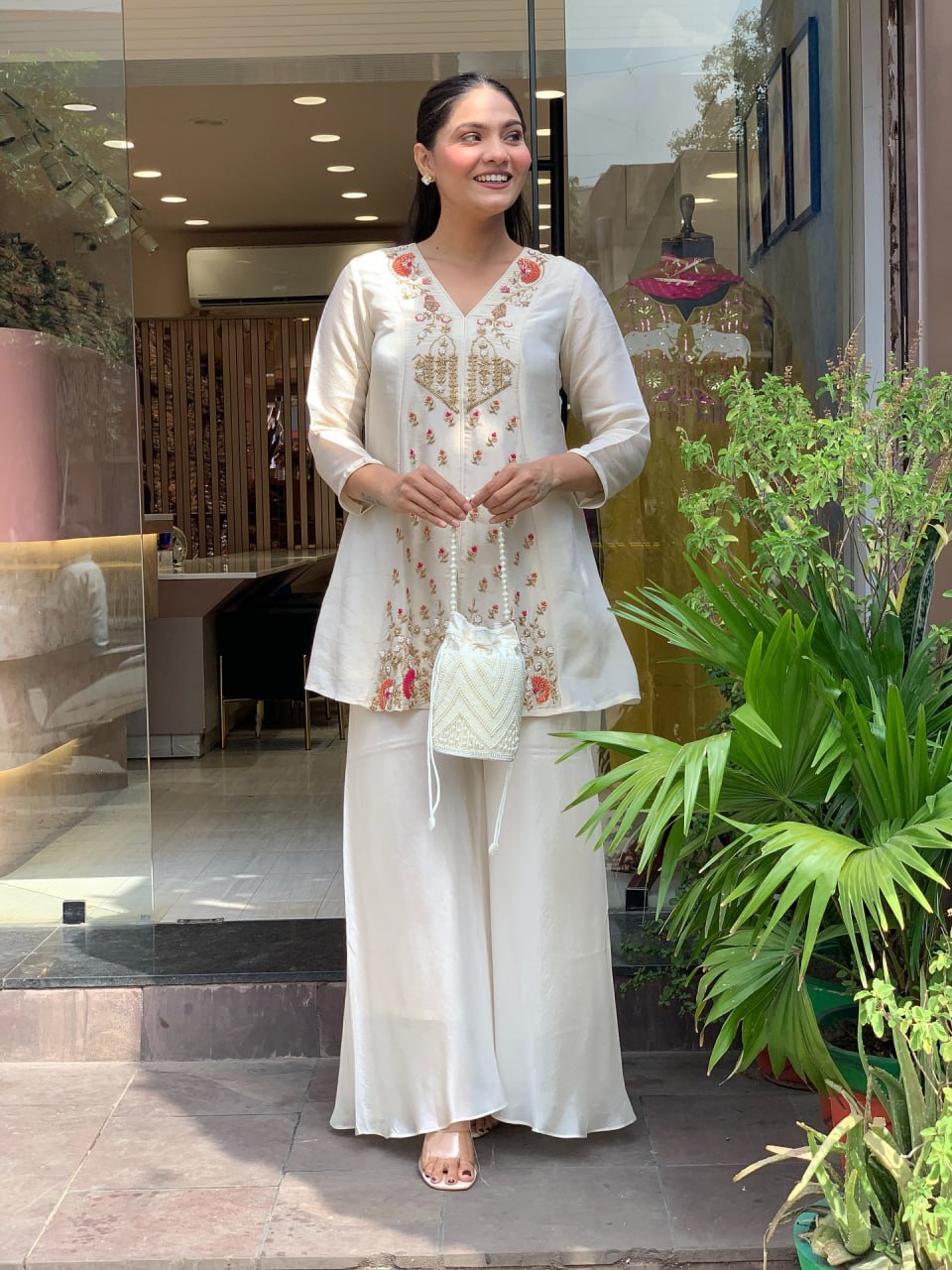 Elegant Silk Suit Set with Hand Embroidery & Zari Weaving Detailing
