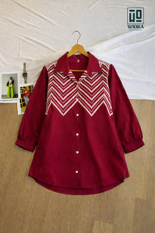 Wiora Maroon Embroidered Shirt with Palm Tree Motif