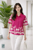 Wiora Fuchsia Pink Floral Embroidered Shirt – Elegant Short Sleeve Button-Down Top