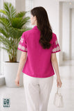Wiora Fuchsia Pink Floral Embroidered Shirt – Elegant Short Sleeve Button-Down Top