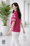 Wiora Fuchsia Pink Floral Embroidered Shirt – Elegant Short Sleeve Button-Down Top