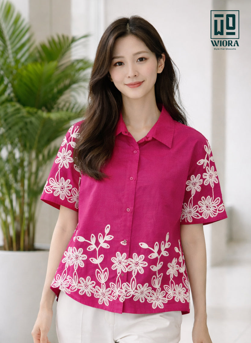 Wiora Fuchsia Pink Floral Embroidered Shirt – Elegant Short Sleeve Button-Down Top