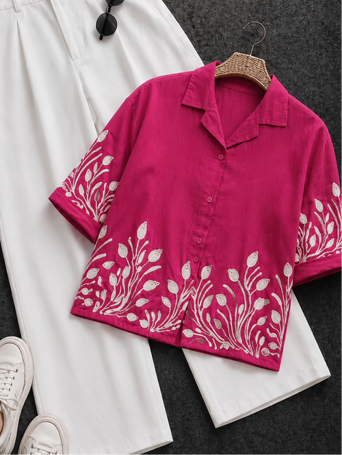 Wiora Fuchsia Pink Leaf Embroidered Shirt – Elegant Short Sleeve Button-Down Top