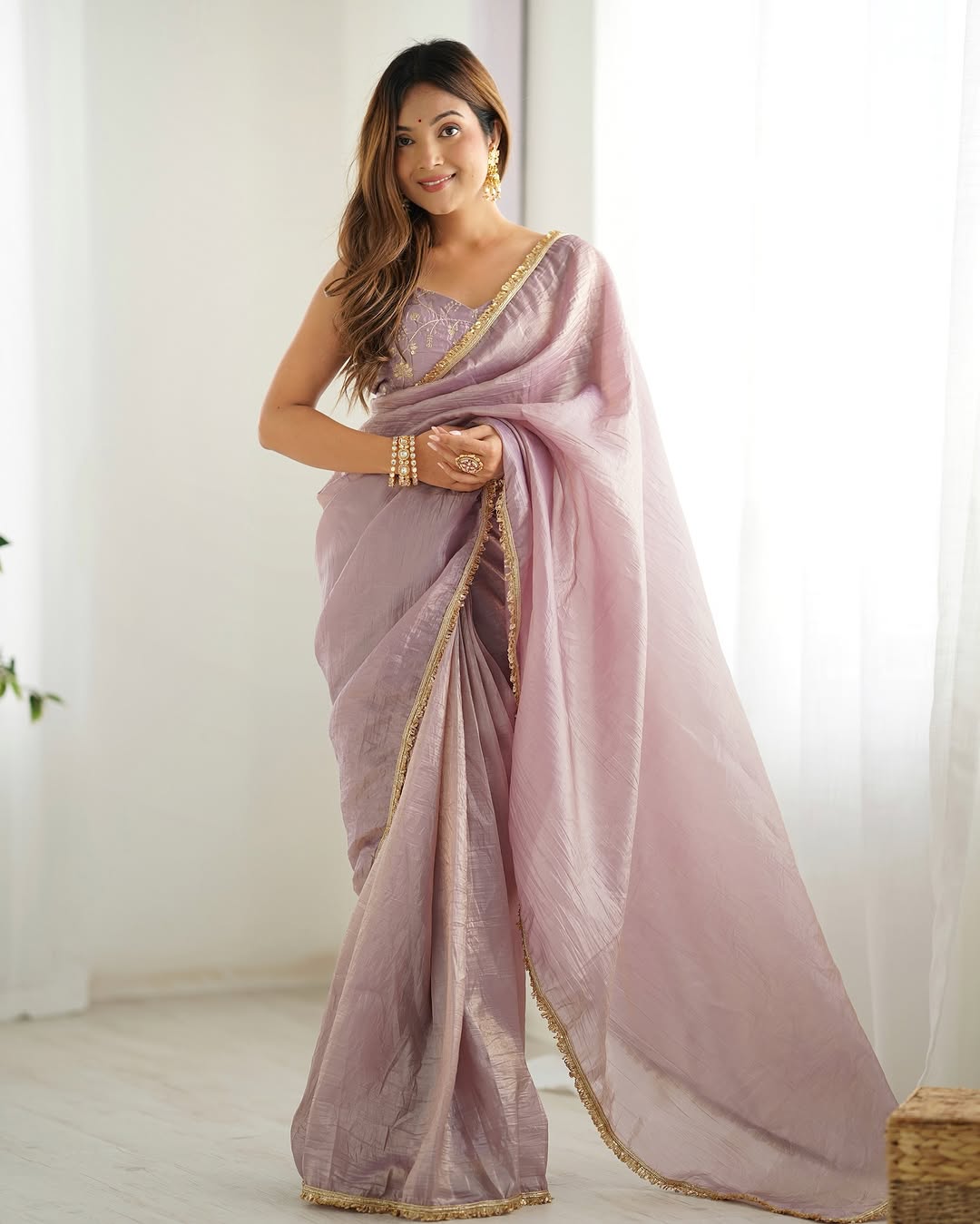 Light Dusty Mauve Luxe Tissue Silk Embroidered Saree