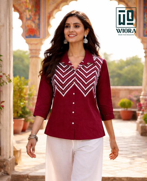 Wiora Maroon Embroidered Shirt with Palm Tree Motif