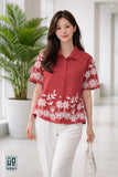 Wiora Coral Red Floral Embroidered Shirt – Elegant Short Sleeve Button-Down Top