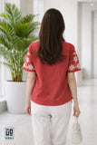 Wiora Coral Red Floral Embroidered Shirt – Elegant Short Sleeve Button-Down Top