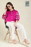 Wiora Fuchsia Pink Embroidered Button-Down Shirt with Palm Tree Motif