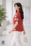 Wiora Coral Red Floral Embroidered Shirt – Elegant Short Sleeve Button-Down Top