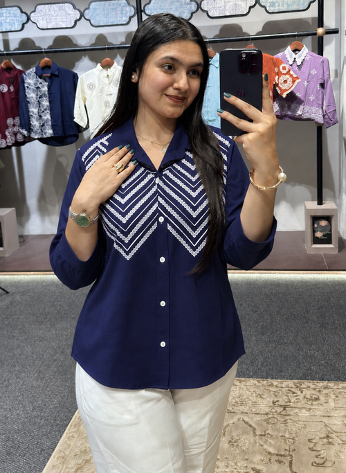 Wiora Navy Blue Chevron Embroidered Shirt