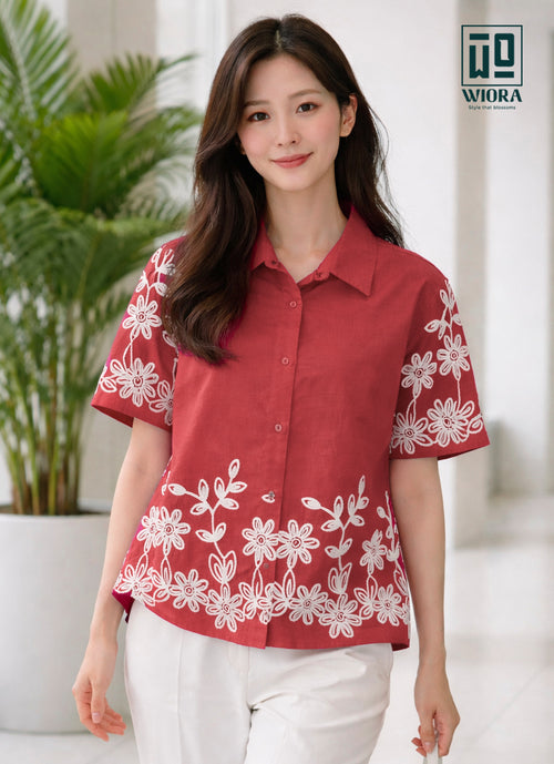 Wiora Coral Red Floral Embroidered Shirt – Elegant Short Sleeve Button-Down Top