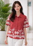 Wiora Coral Red Floral Embroidered Shirt – Elegant Short Sleeve Button-Down Top