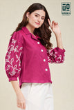 Wiora Fuchsia Pink Embroidered Button-Down Shirt with Palm Tree Motif